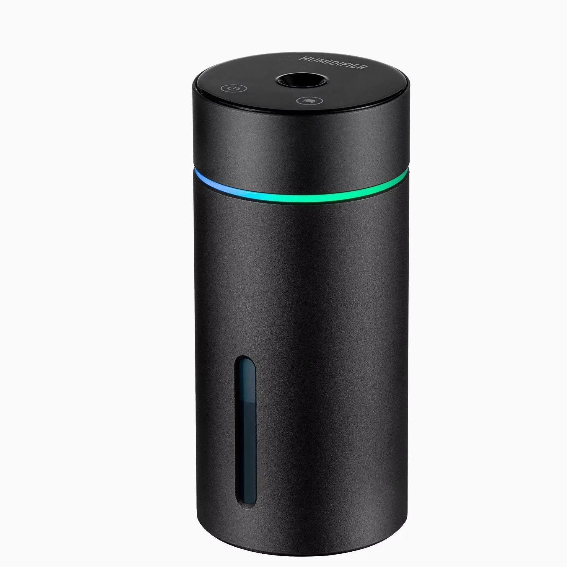 Black aluminium portable car humidifier diffuser with night light on a car dashboard