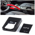 Small black plastic magnetic GPS car tracker device with USB cable.