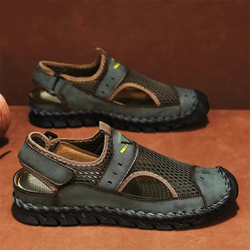 Men's brown genuine leather mesh breathable casual shoes with elastic band and round toe on a white background.