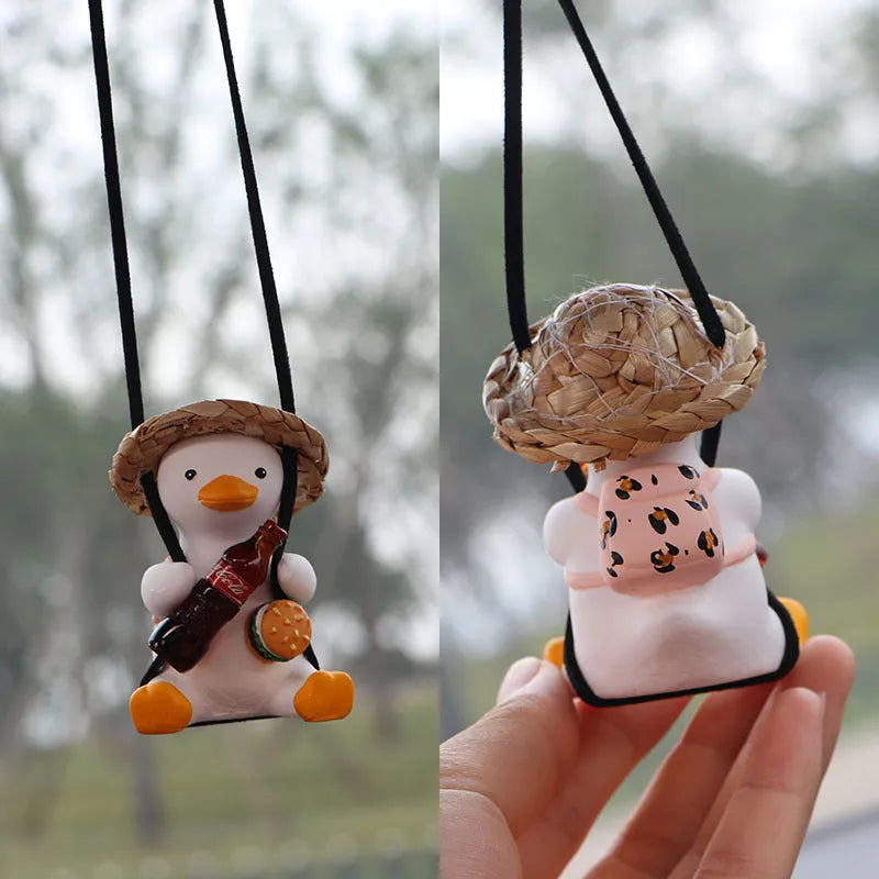 Colourful straw hat duck car hanging ornament on rearview mirror with textile hat