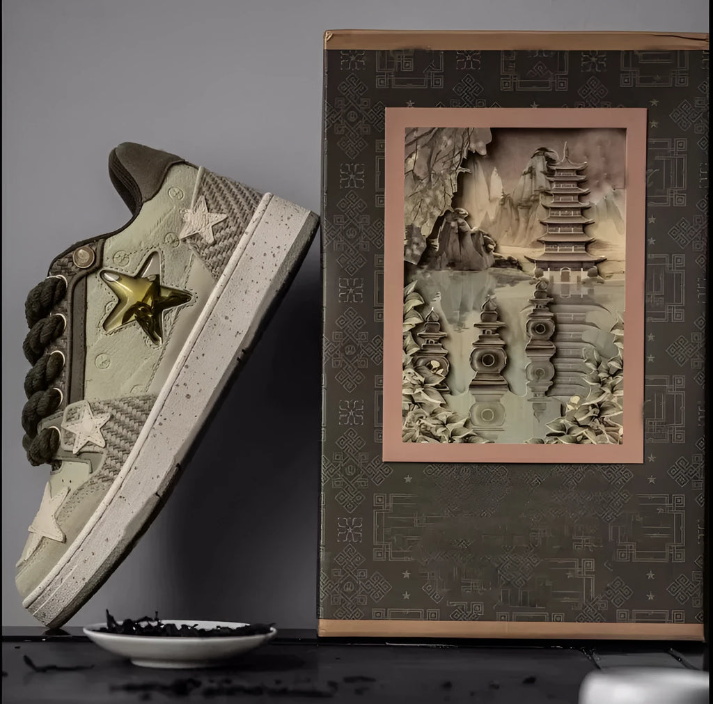 Green low-top casual shoes with star pattern and lace-up closure on a rubber sole.