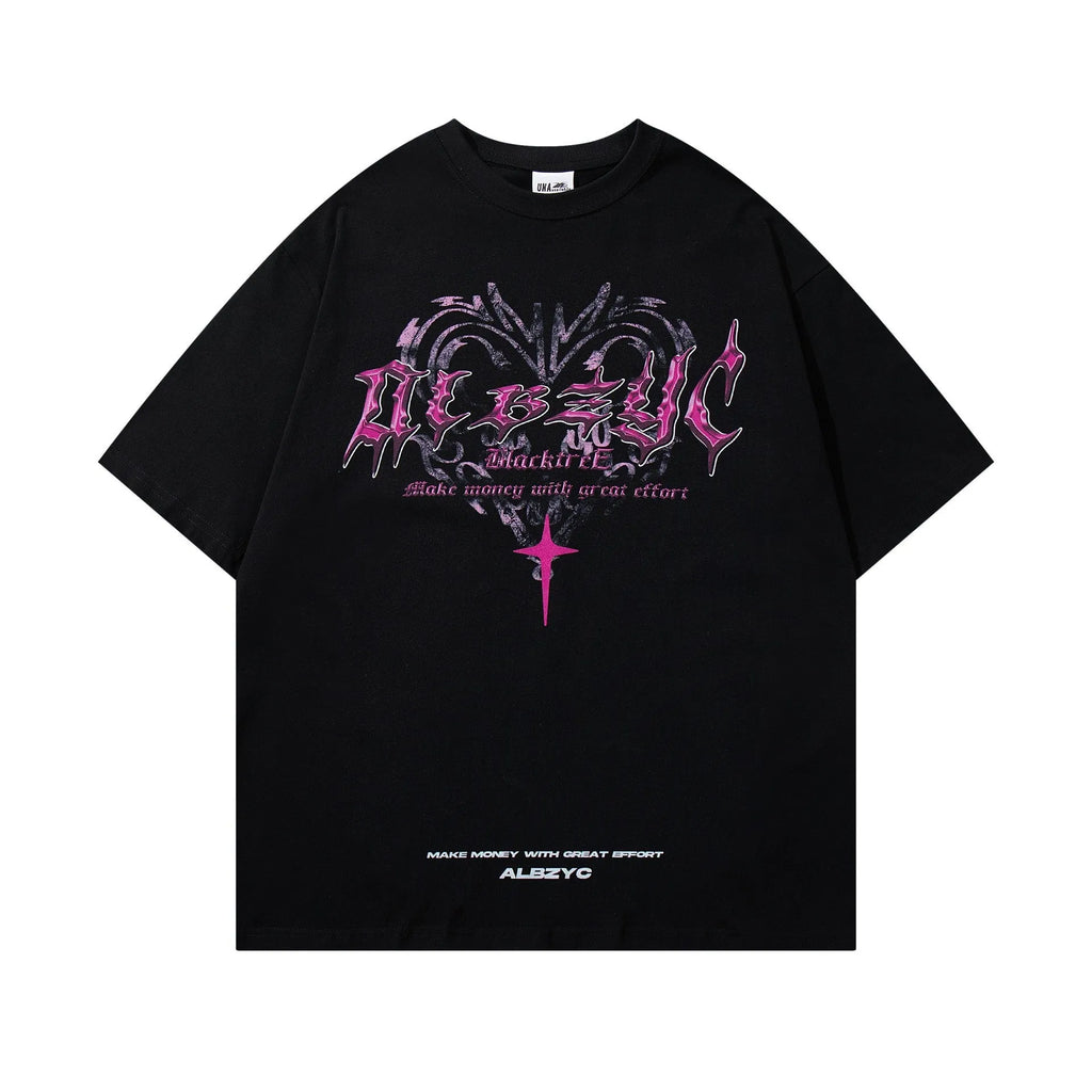 Man wearing a black retro print cotton t-shirt with loose fit and short sleeves.