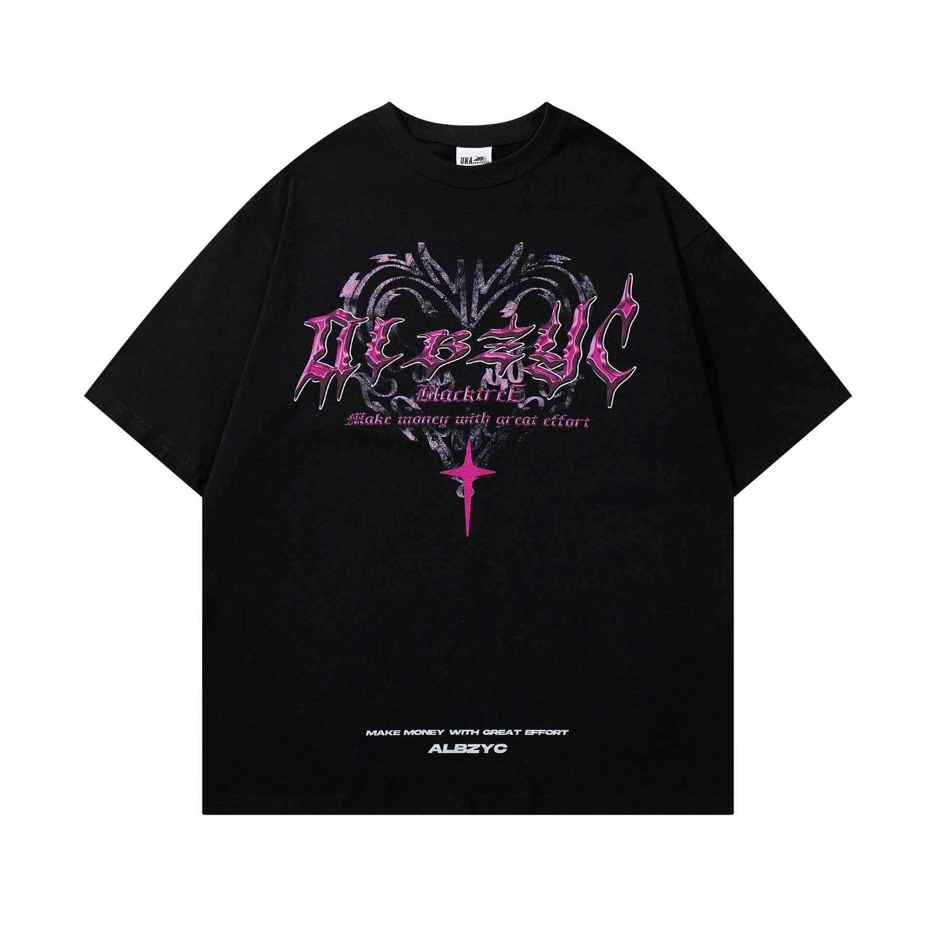 Man wearing a black retro print cotton t-shirt with loose fit and short sleeves.
