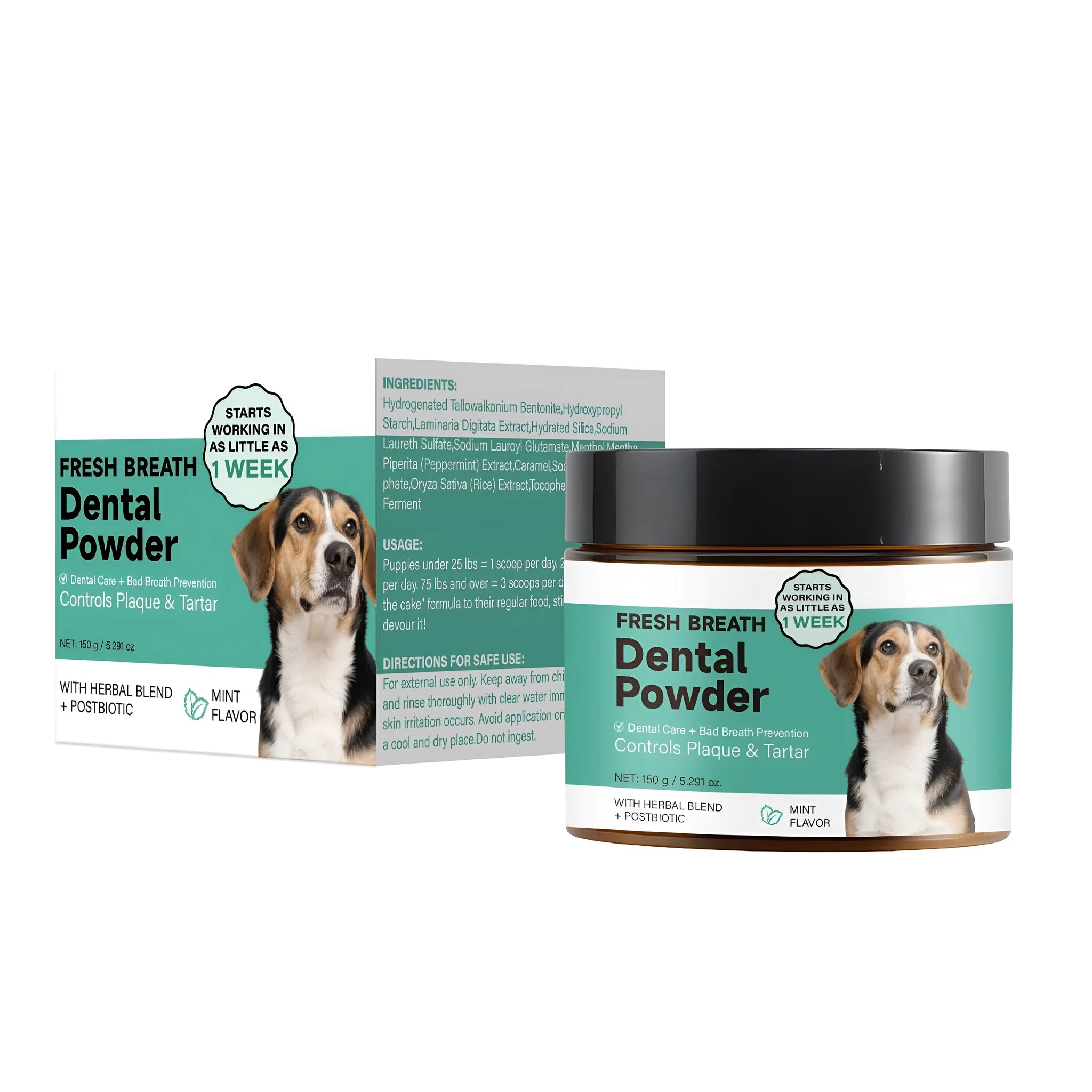 150g tub of malt-flavoured dog tooth cleaning powder for dental hygiene