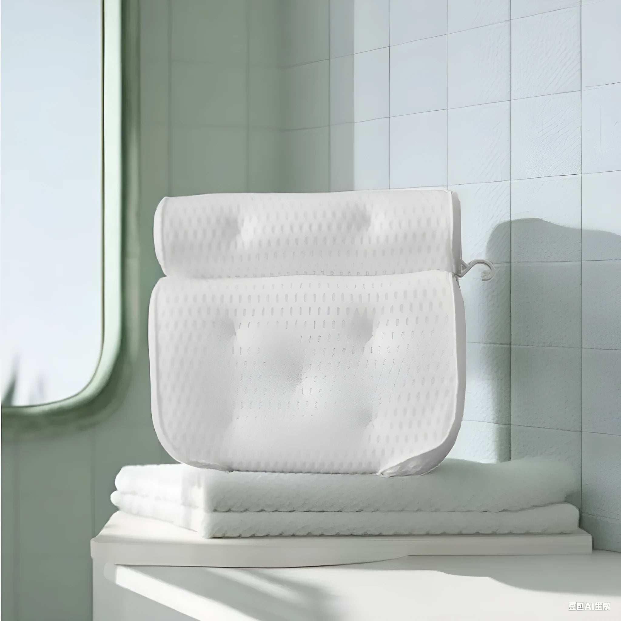 White 4D mesh bathtub pillow with suction cups on a bathtub edge.