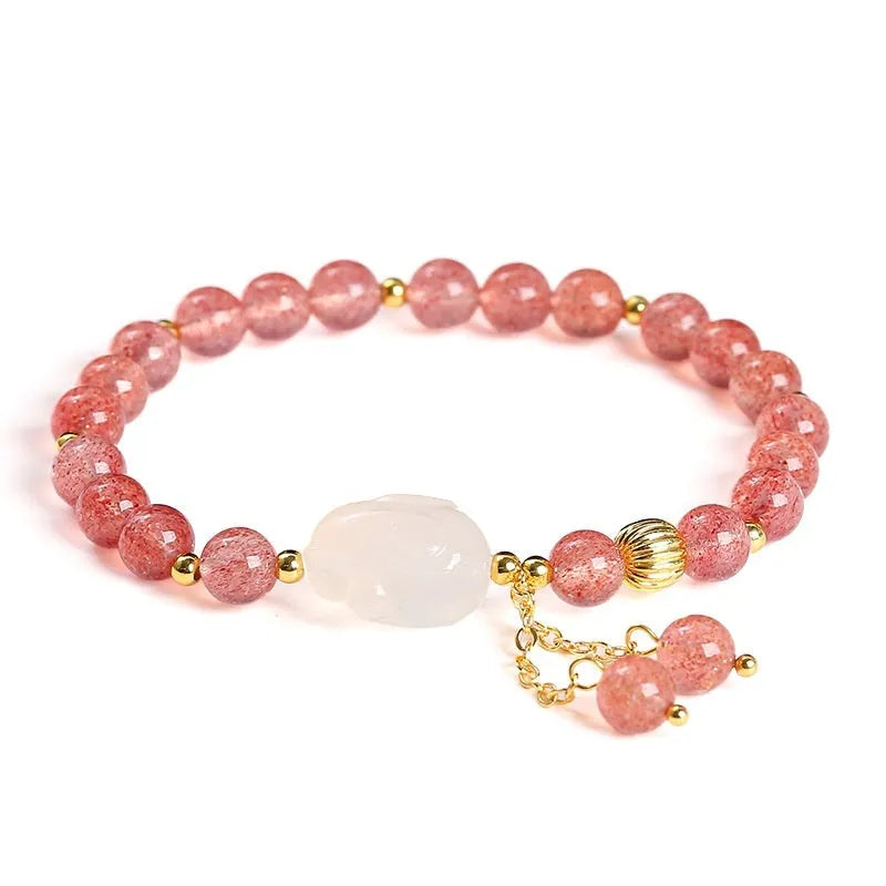 Strawberry quartz agate white rabbit bracelet with 6mm geometric beads for women's jewellery