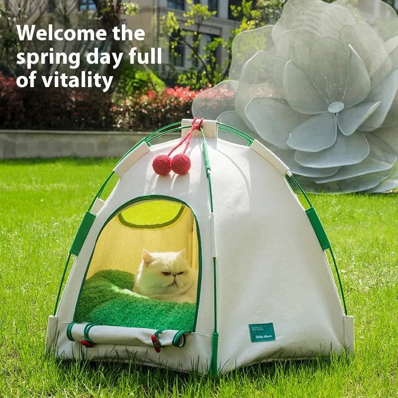 Dome-shaped cloth cat tent with front opening and optional thick pad insert