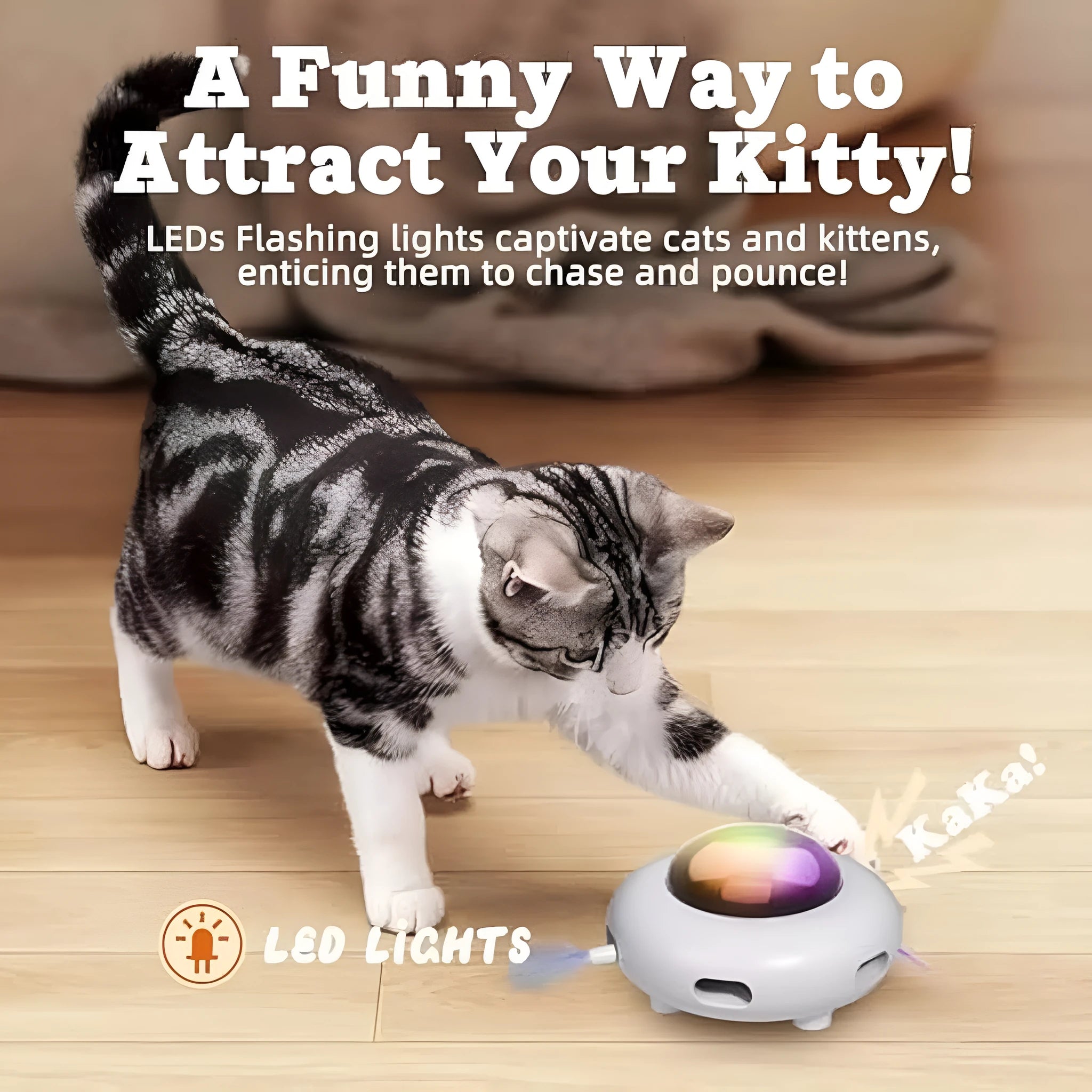 White automatic cat toy with colourful feathers and LED lights on cleaning ring mat