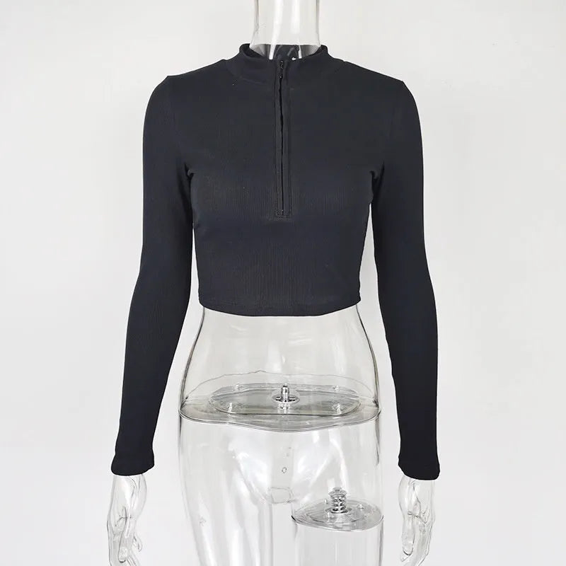 Women's solid colour zipper crop slim fit top in black, long sleeves, front zipper
