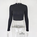 Women's solid colour zipper crop slim fit top in black, long sleeves, front zipper