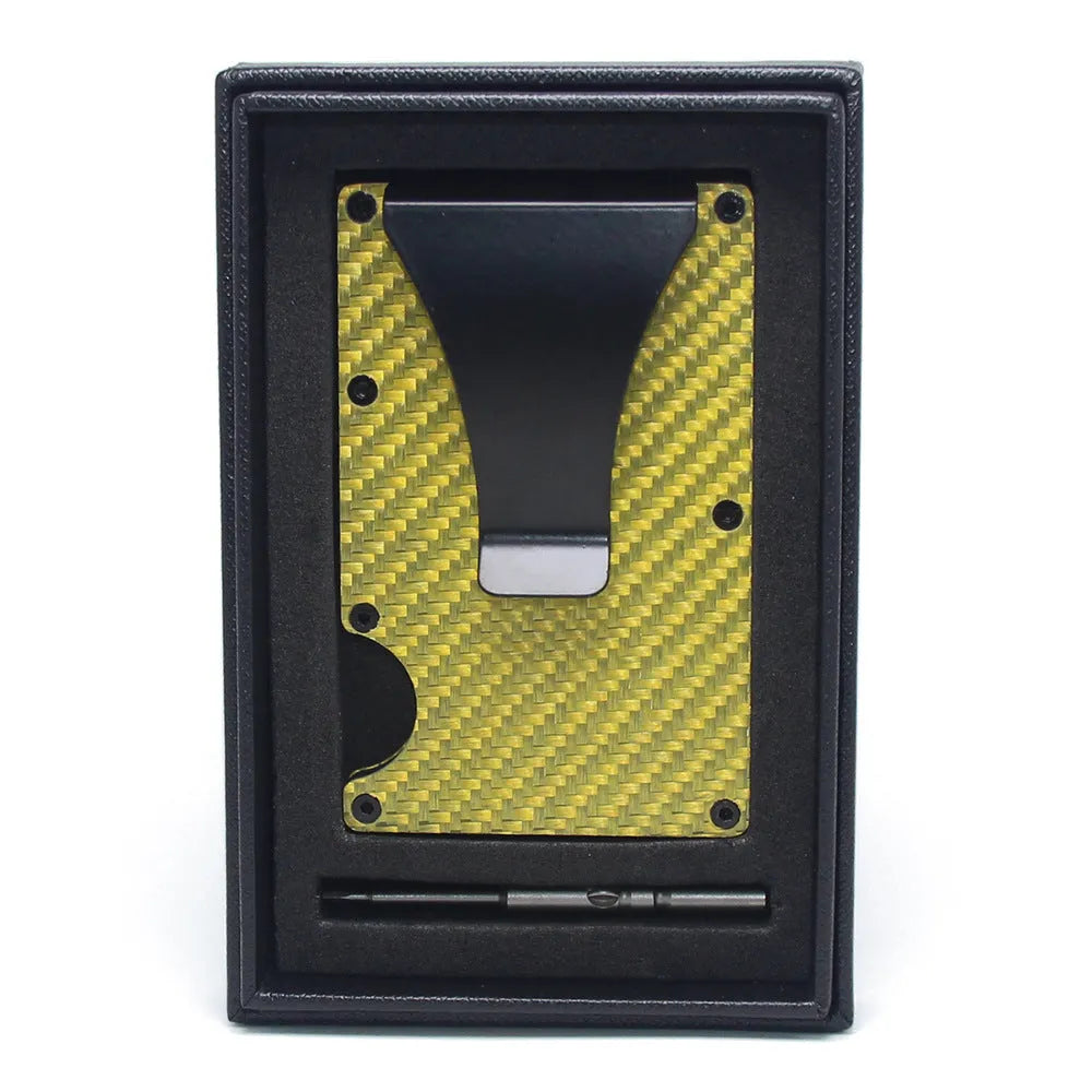Slim geometric carbon fibre card wallet in multiple colours on a gift box.