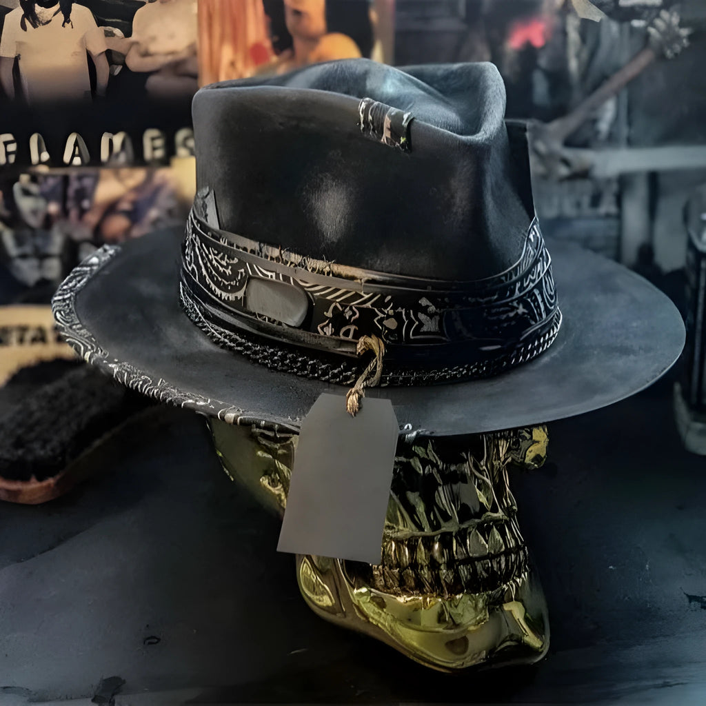 Handmade wool felt skull hat with a conical crown, shown in the colour Skull Hat.