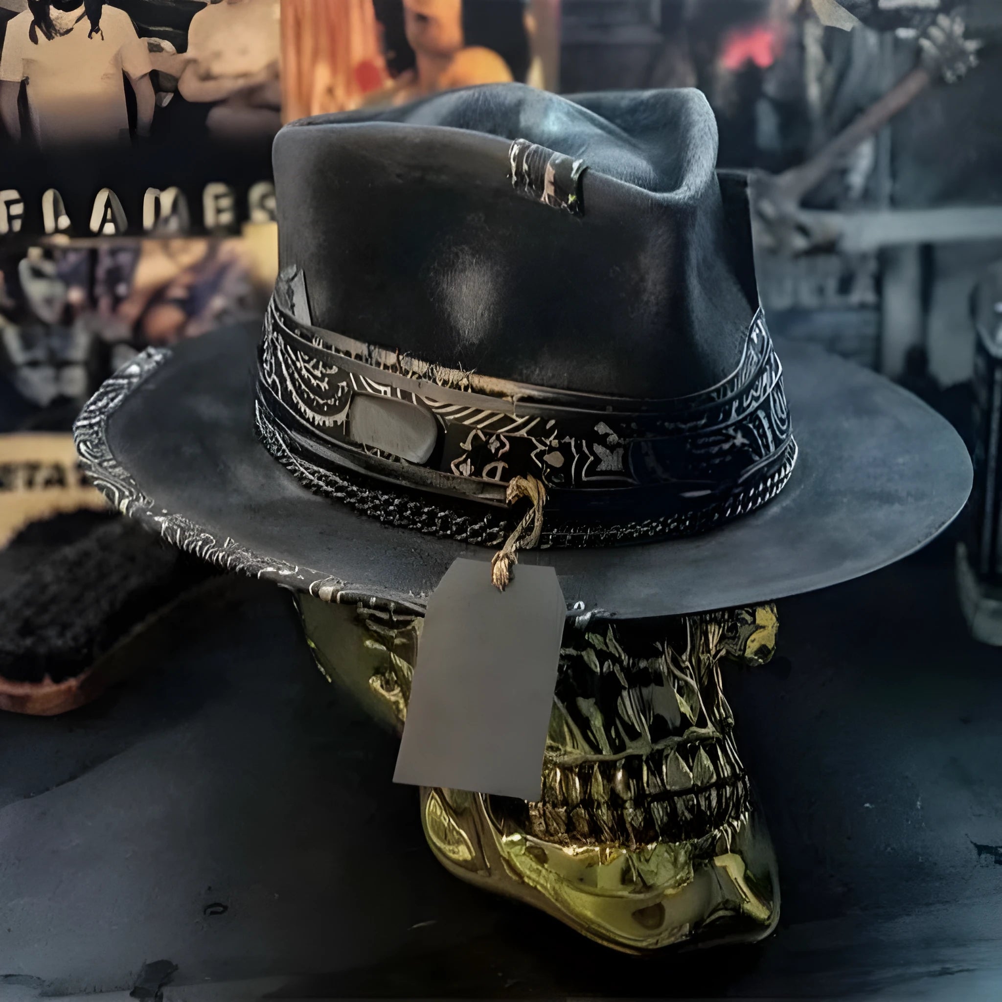 Handmade wool felt skull hat with a conical crown, shown in the colour Skull Hat.
