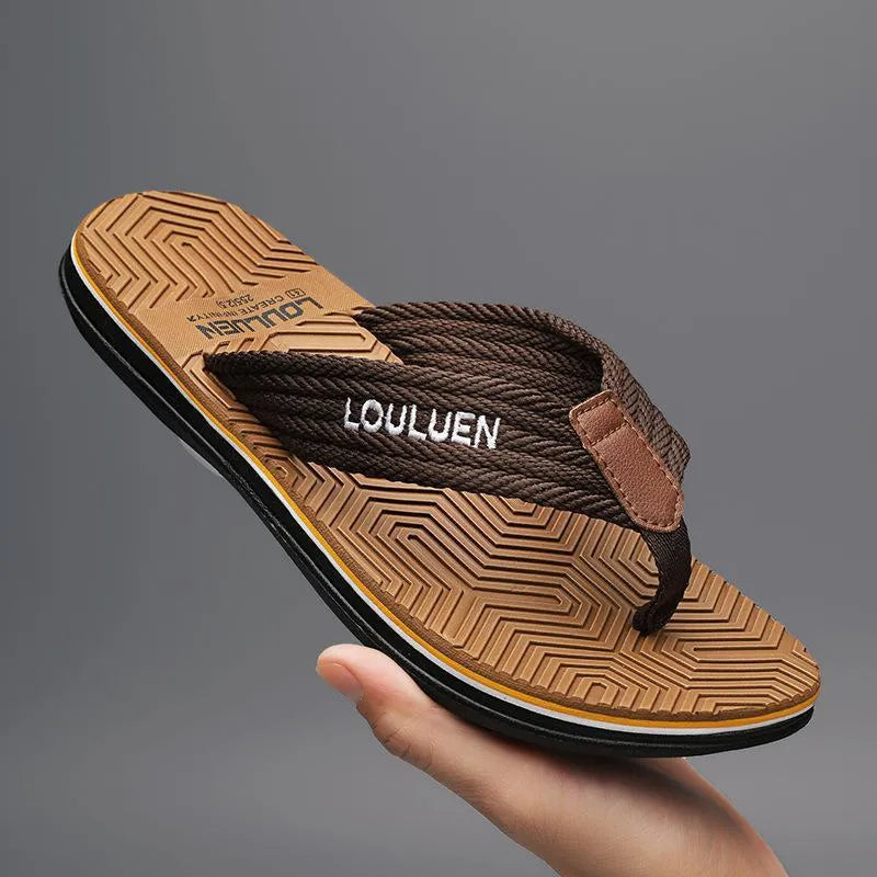 Men's black flip flops with open toe, EVA upper and textured PVC sole.