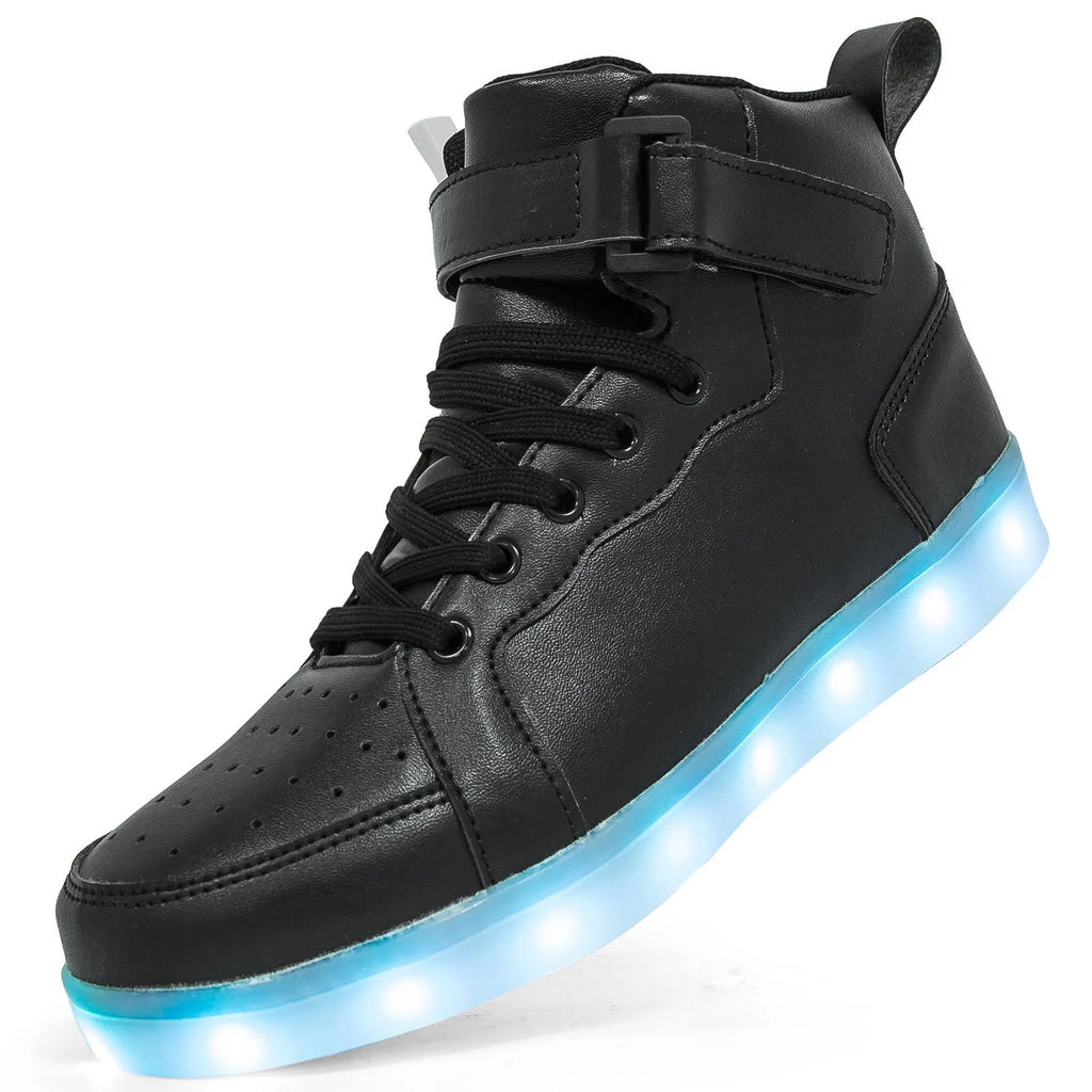 LED high-top sneakers with Velcro strap in black, gold, or white colour on rubber sole.
