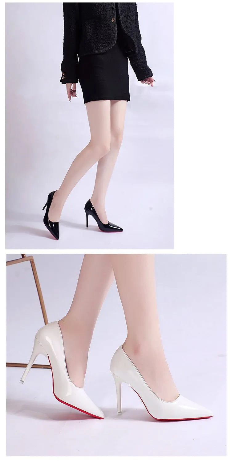 Women's solid colour stiletto heel court shoes with pointed toe and shallow cut design.