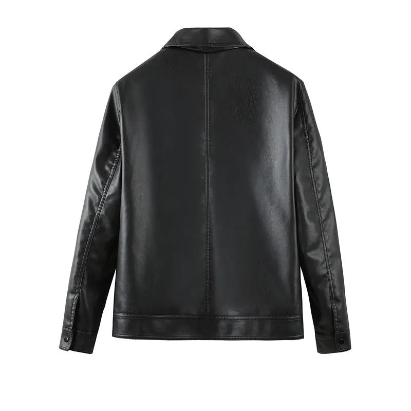 Men's black loose-fit casual PU leather jacket with zip pockets.