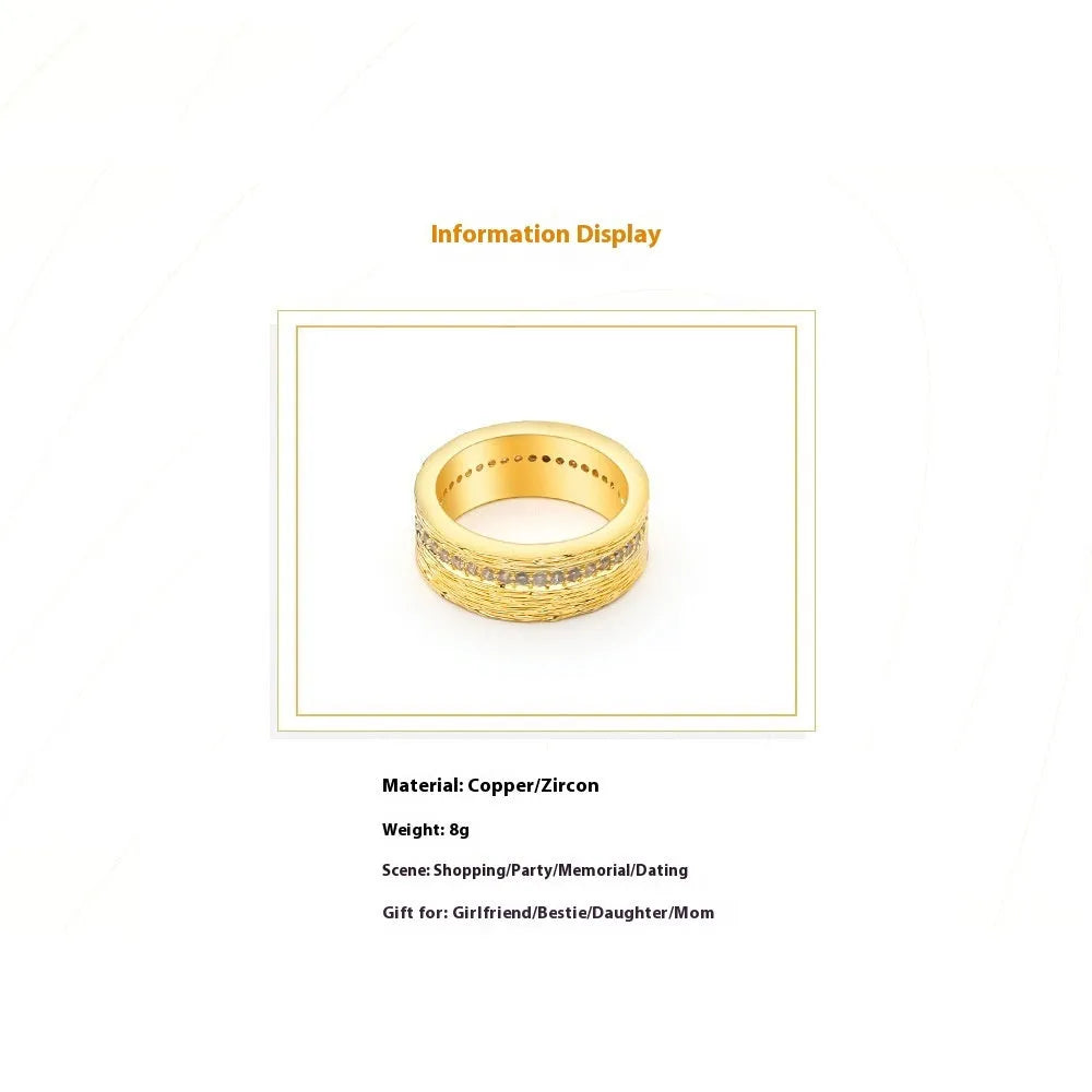 Gold geometric women's ring with zircon accents on copper base in sizes 6, 7, and 8