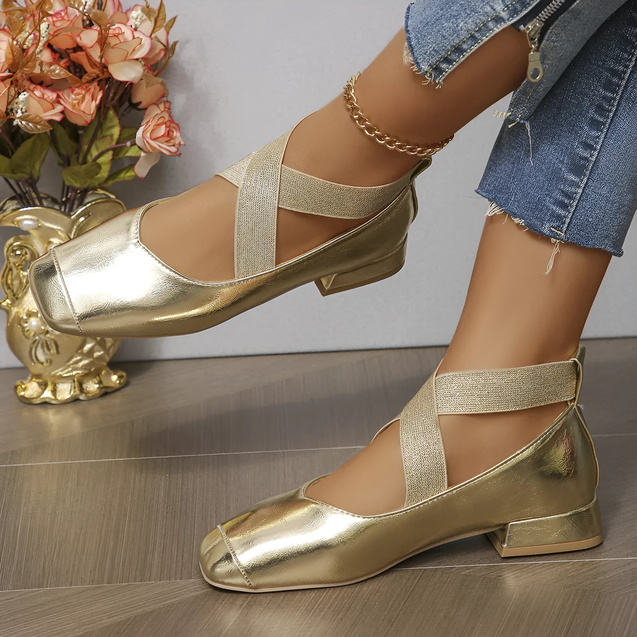 Gold low heel slip-on pump with square toe, shown as a French style evening shoe cover.