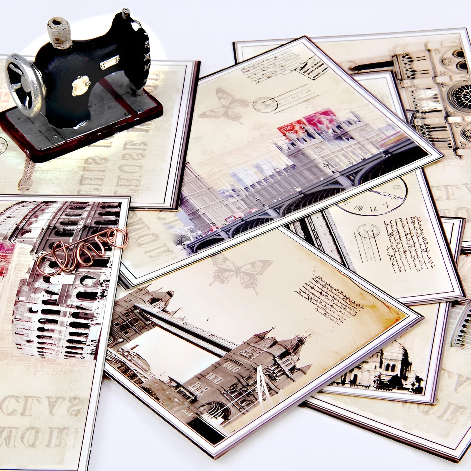 Nine minimalist cartoon style postcards showing Paris tower historic landmarks