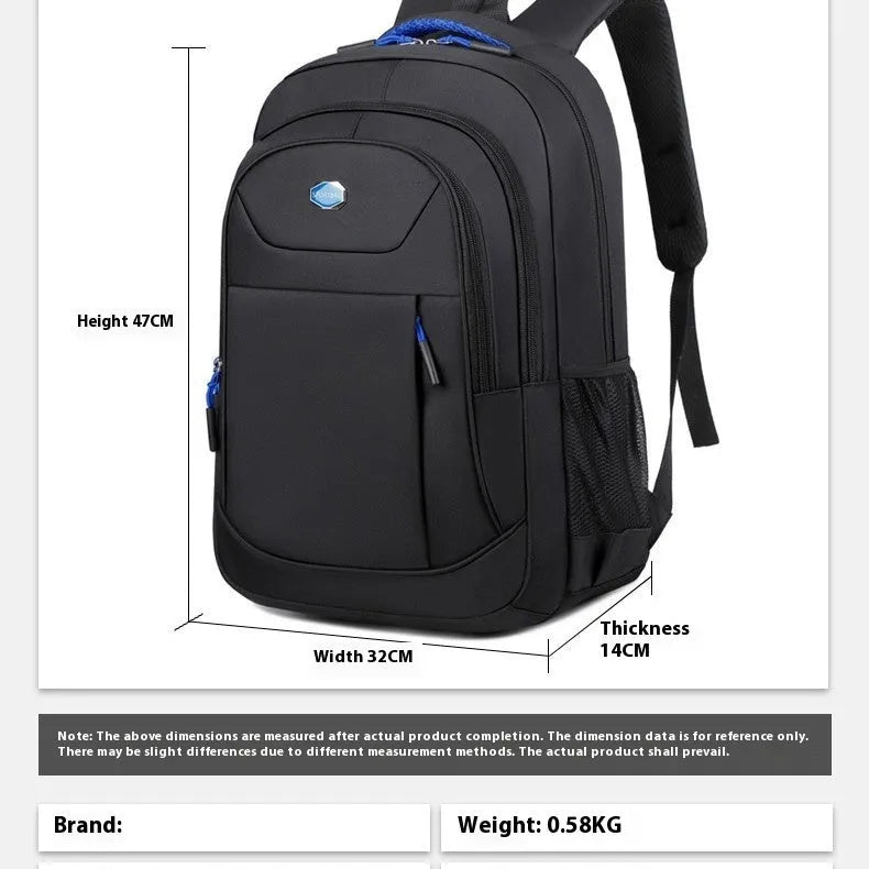 Black Oxford cloth multi-layer student backpack with curved shoulder straps, shown with compartments open.