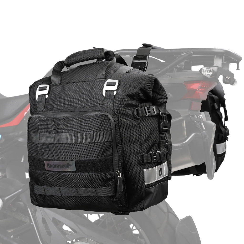 Black 20L quick-release motorcycle side bag mounted on a bike.