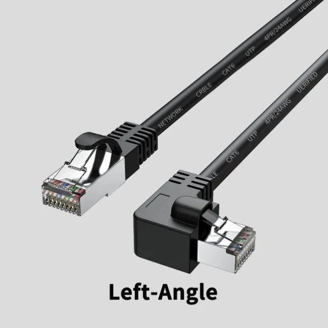 Cat6 Ethernet cable with a black right angle metal RJ45 connector on a grey background.