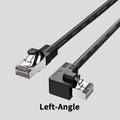 Cat6 Ethernet cable with a black right angle metal RJ45 connector on a grey background.