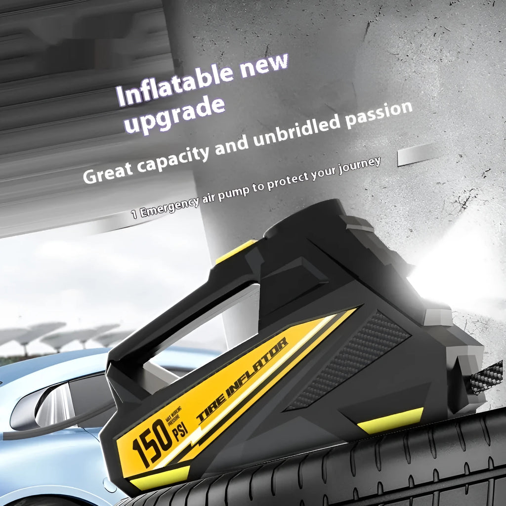 Black portable car tyre inflator with digital display and 12V connection cable