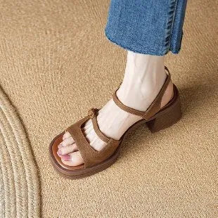 Women's open toe square toe retro platform sandals in milky white and brown colours.