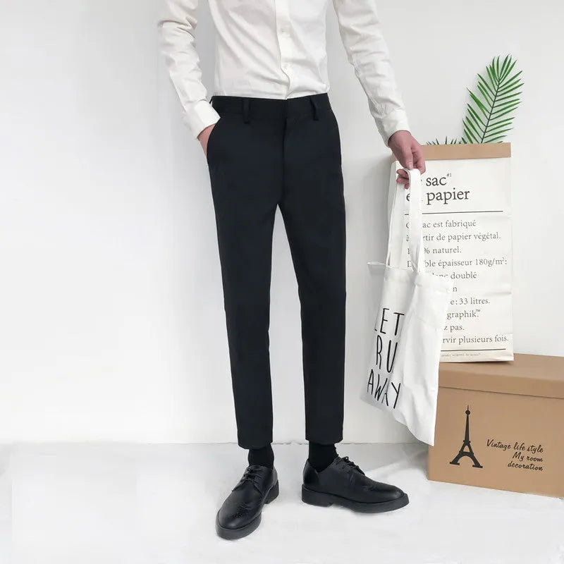 Men's slim straight cotton trousers in black, grey, or khaki with drawstring waist