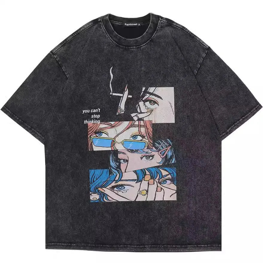 Men's retro style cotton t-shirt with cartoon print in loose streetwear fit for summer casual wear