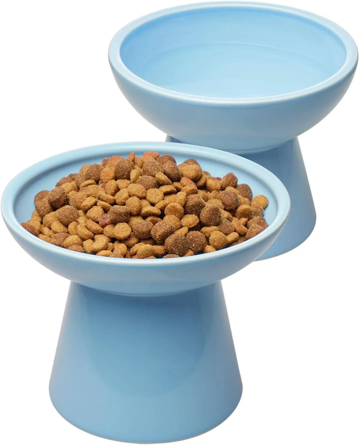 Blue ceramic elevated cat bowl with wide shallow design for food or water