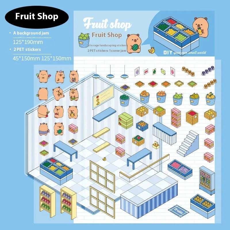 Capabala cut-free landscaping stickers showing eight shop theme designs on PET film measuring 190x125mm