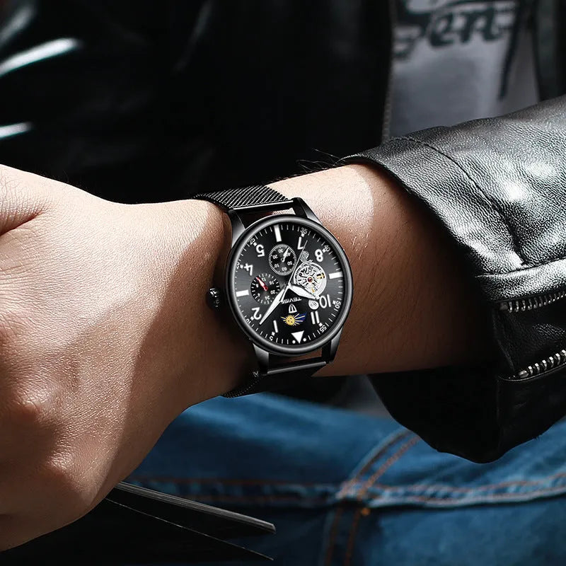 Black men's mechanical watch with luminous hands, moon phase display on a 41mm alloy case.