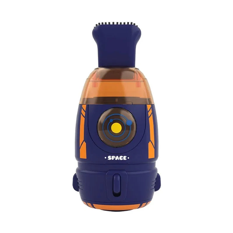 USB rechargeable handheld desktop vacuum cleaner in blue rocket design on office desk