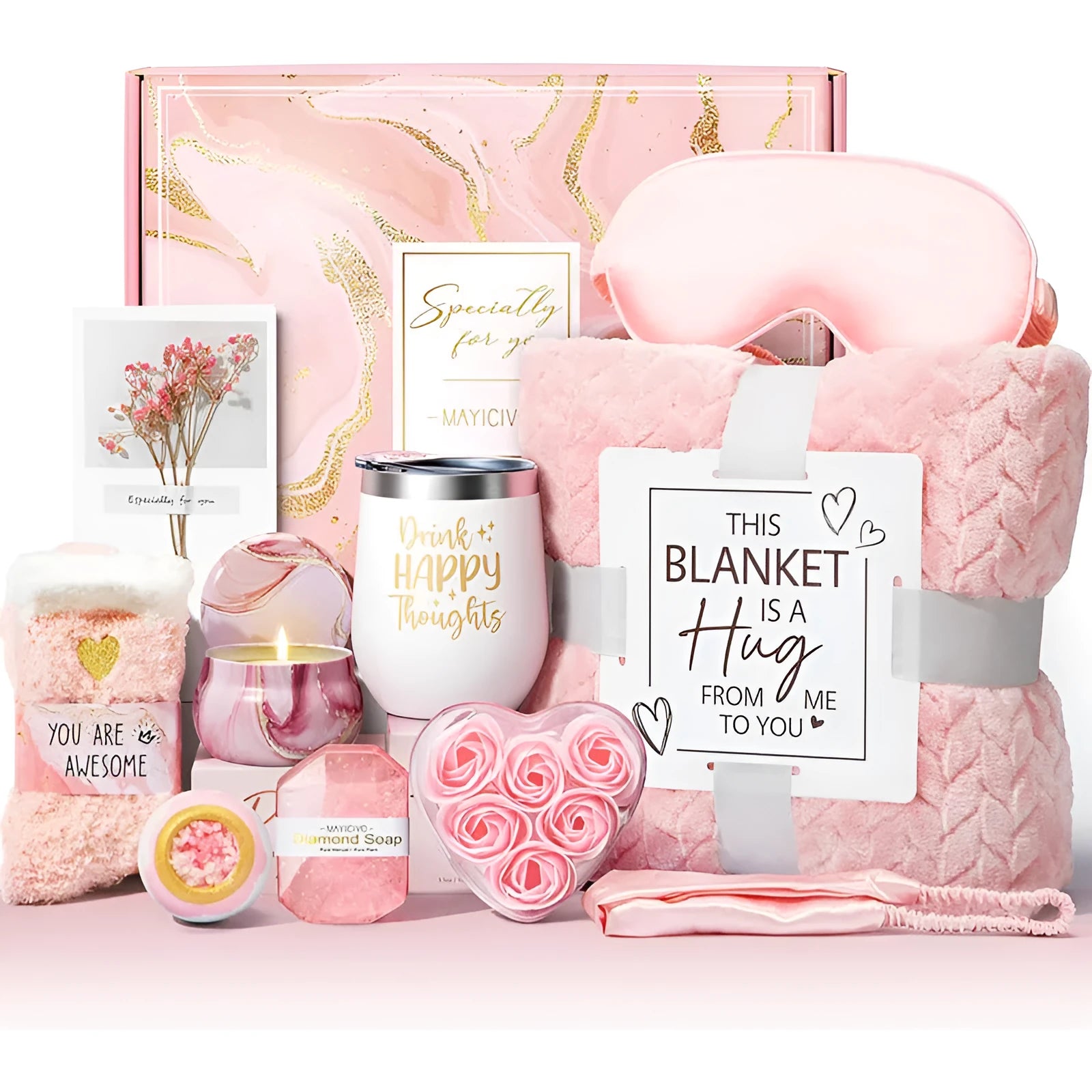 Aromatherapy gift set with candle, soap and bath products in modern plastic box