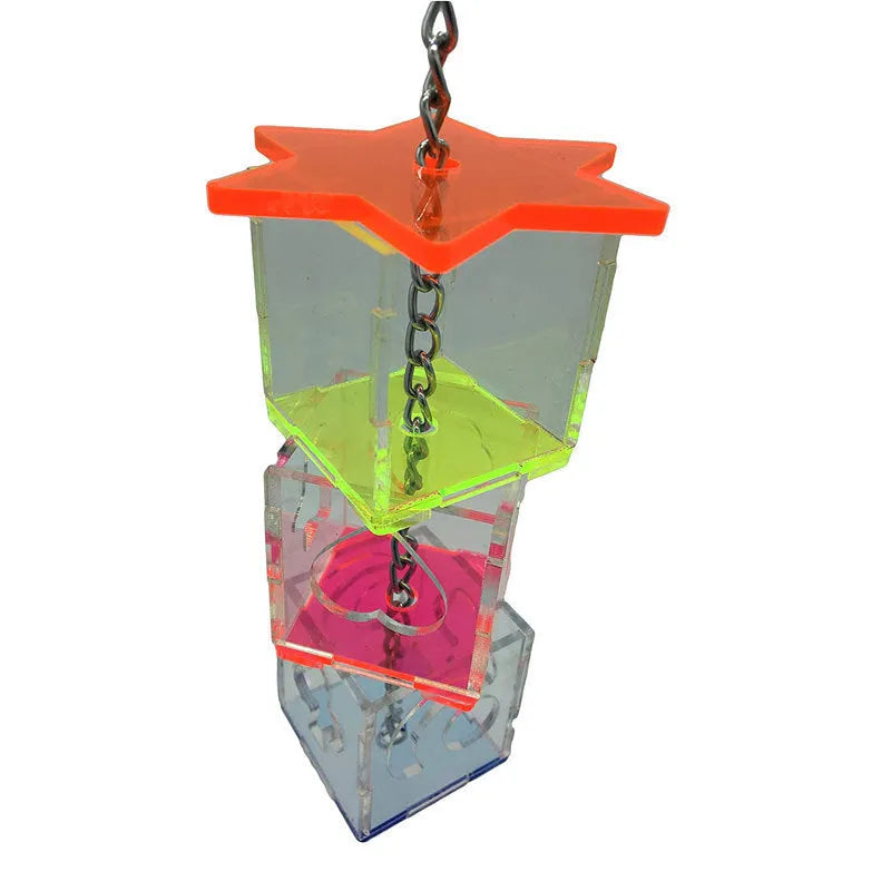 Clear acrylic bird foraging device measuring 5x5x32cm for parrot enrichment