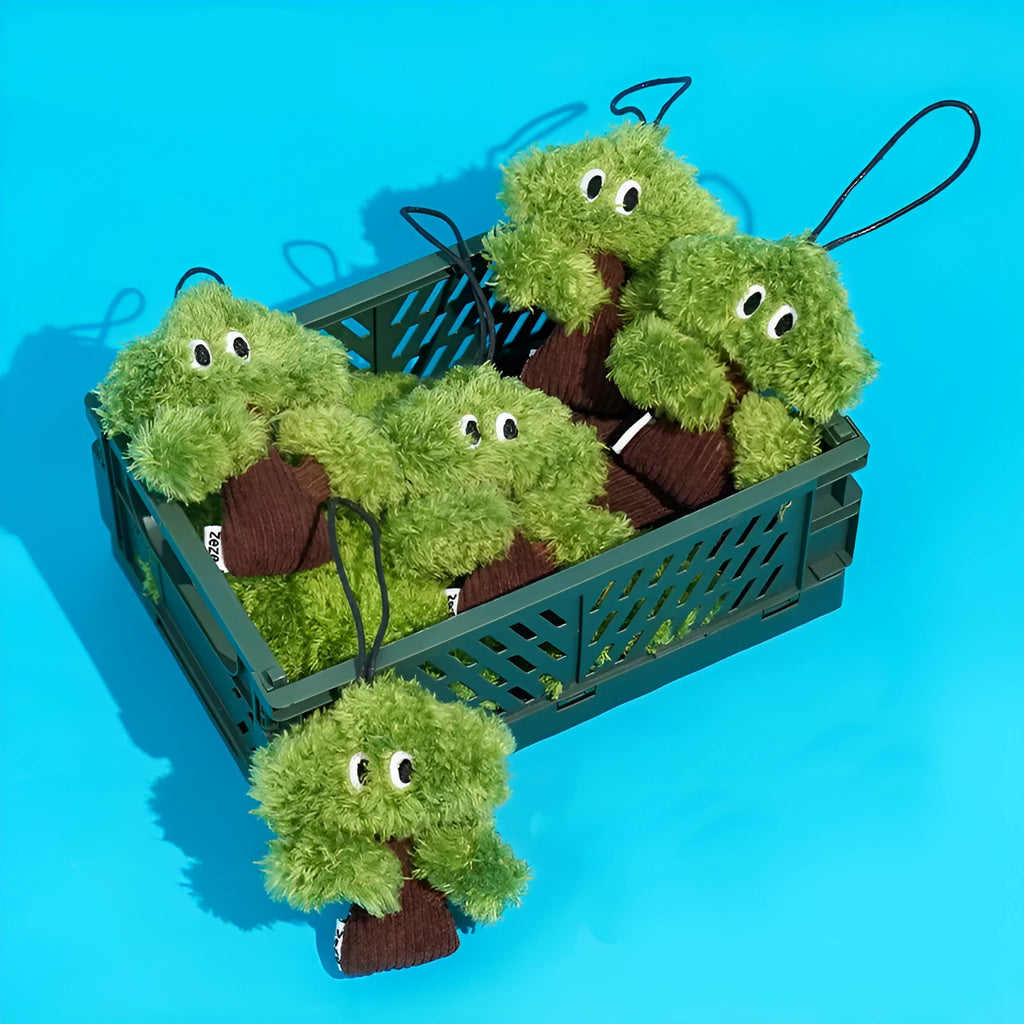 Pine tree shaped fabric cat mint toy with dangling tease stick in three size options