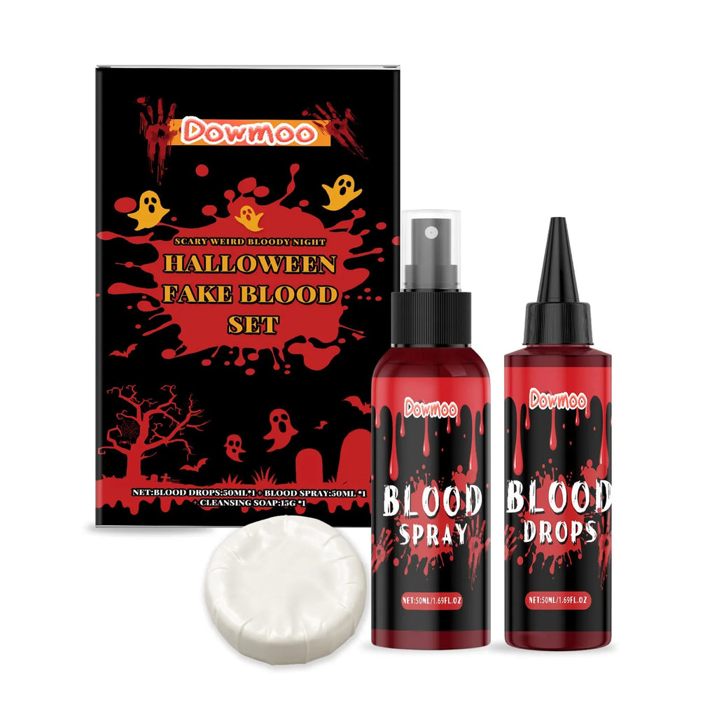 3-piece washable fake blood kit with plasma drops, spray, and facial soap for Halloween special effects