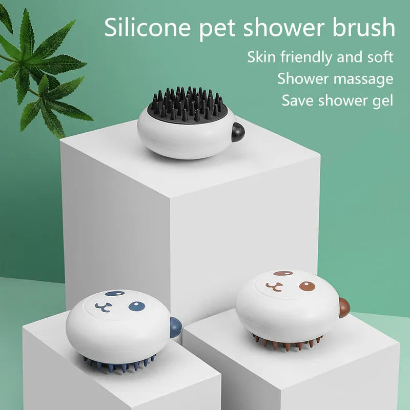 Panda-shaped silicone pet bath brush in blue for washing cats and dogs.