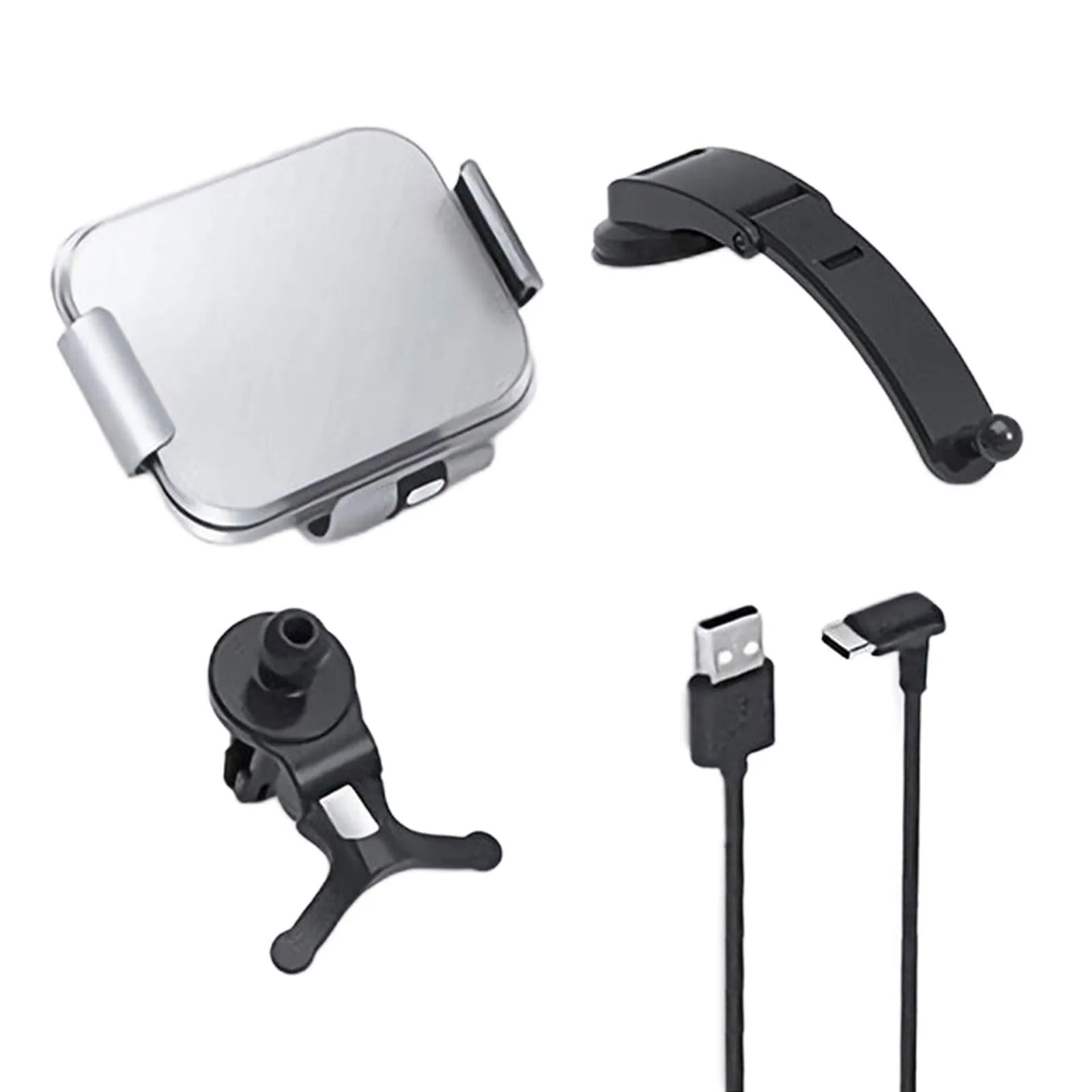 Grey wireless charging car phone holder with folding screen showing air vent clip and suction cup mounting options