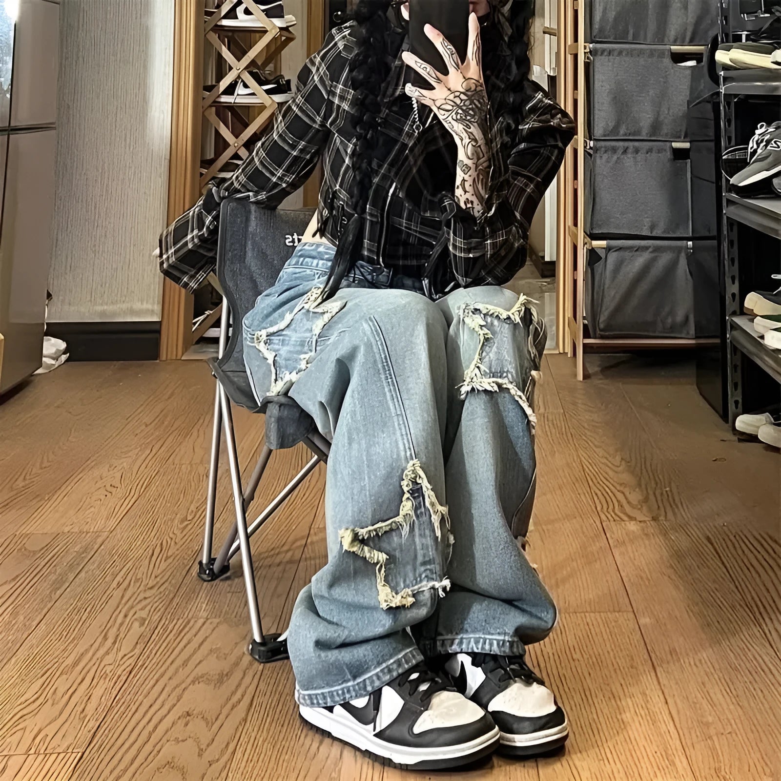 Blue high waist wide leg women's jeans in straight cut cotton denim trousers