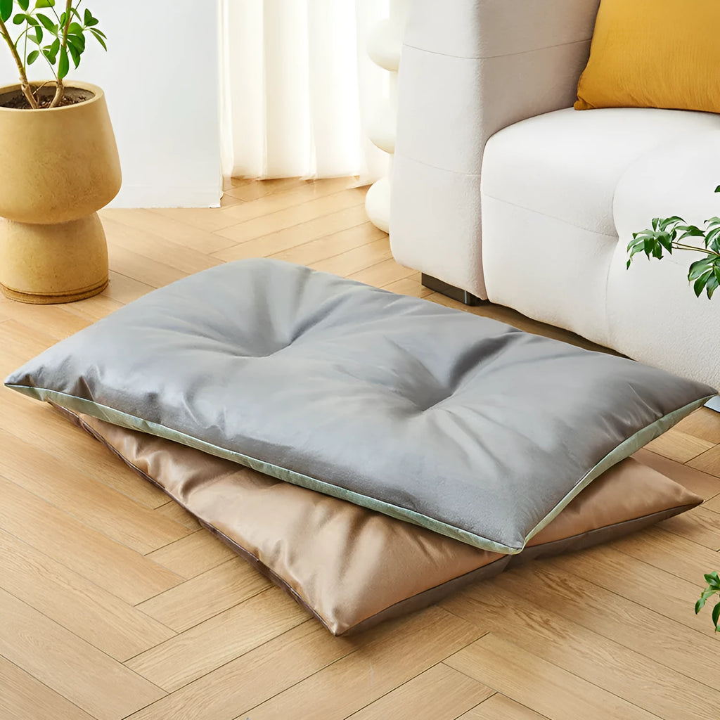 Blue and coffee coloured summer cooling pet bed for cats and dogs shown in four different sizes