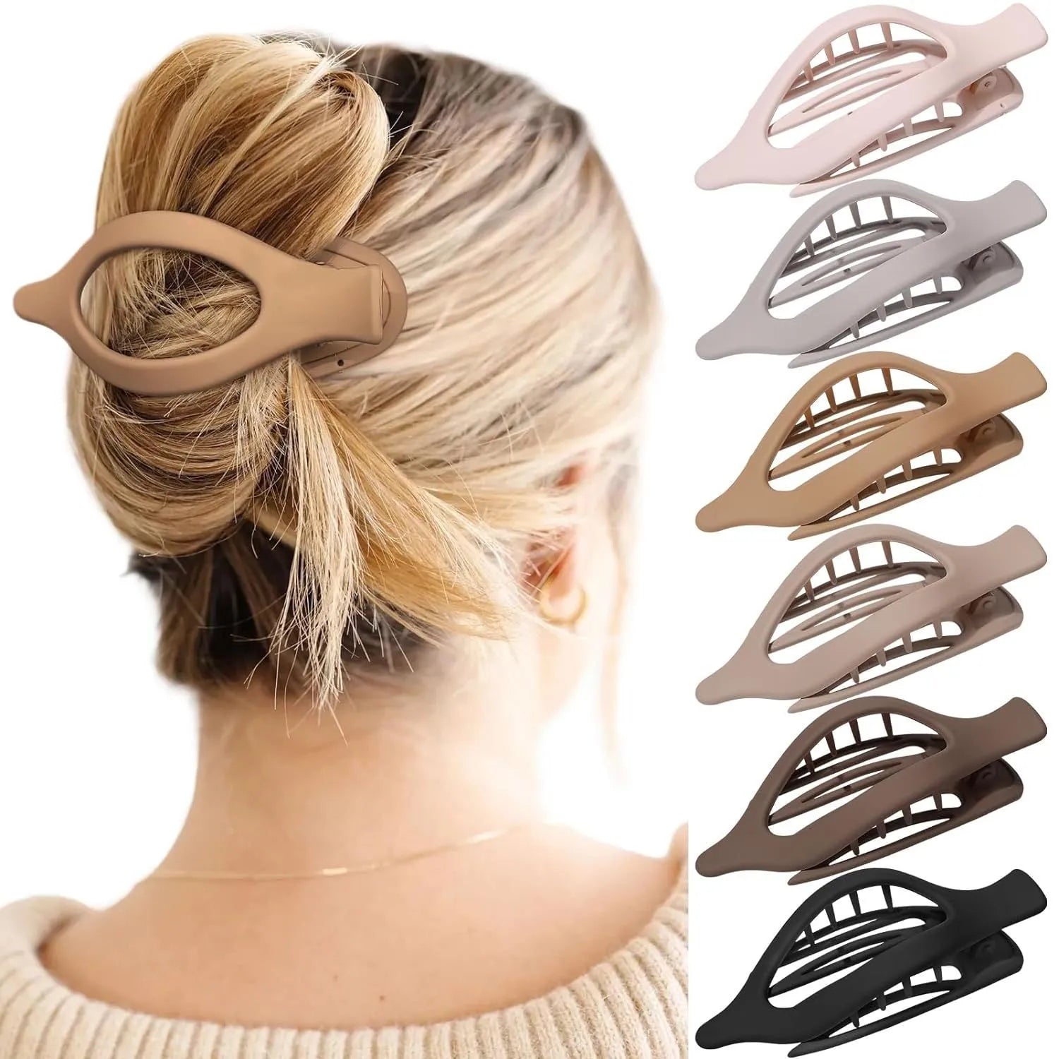 Set of six women's geometric hair clips with frosted plastic grip in rose red and nude colours