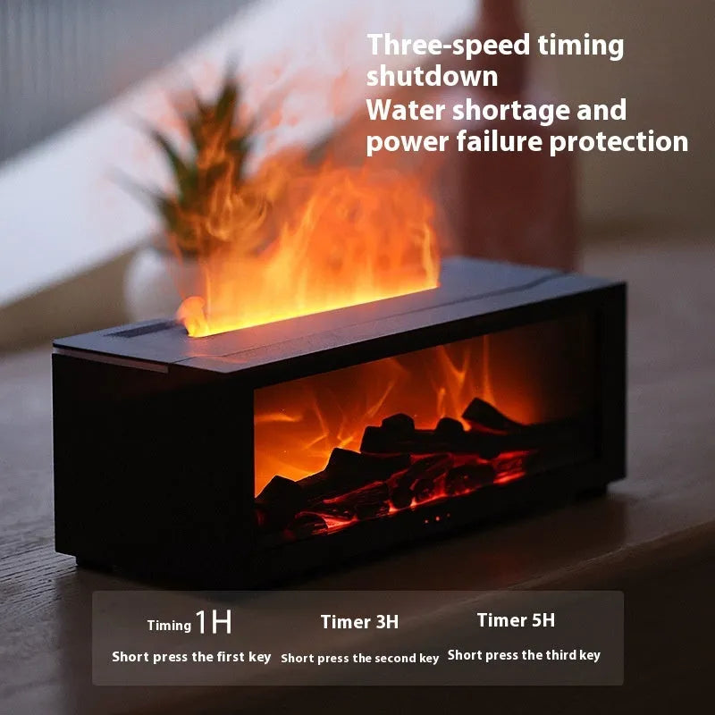 Square desktop flame effect essential oil diffuser humidifier with coloured LED base and remote control.