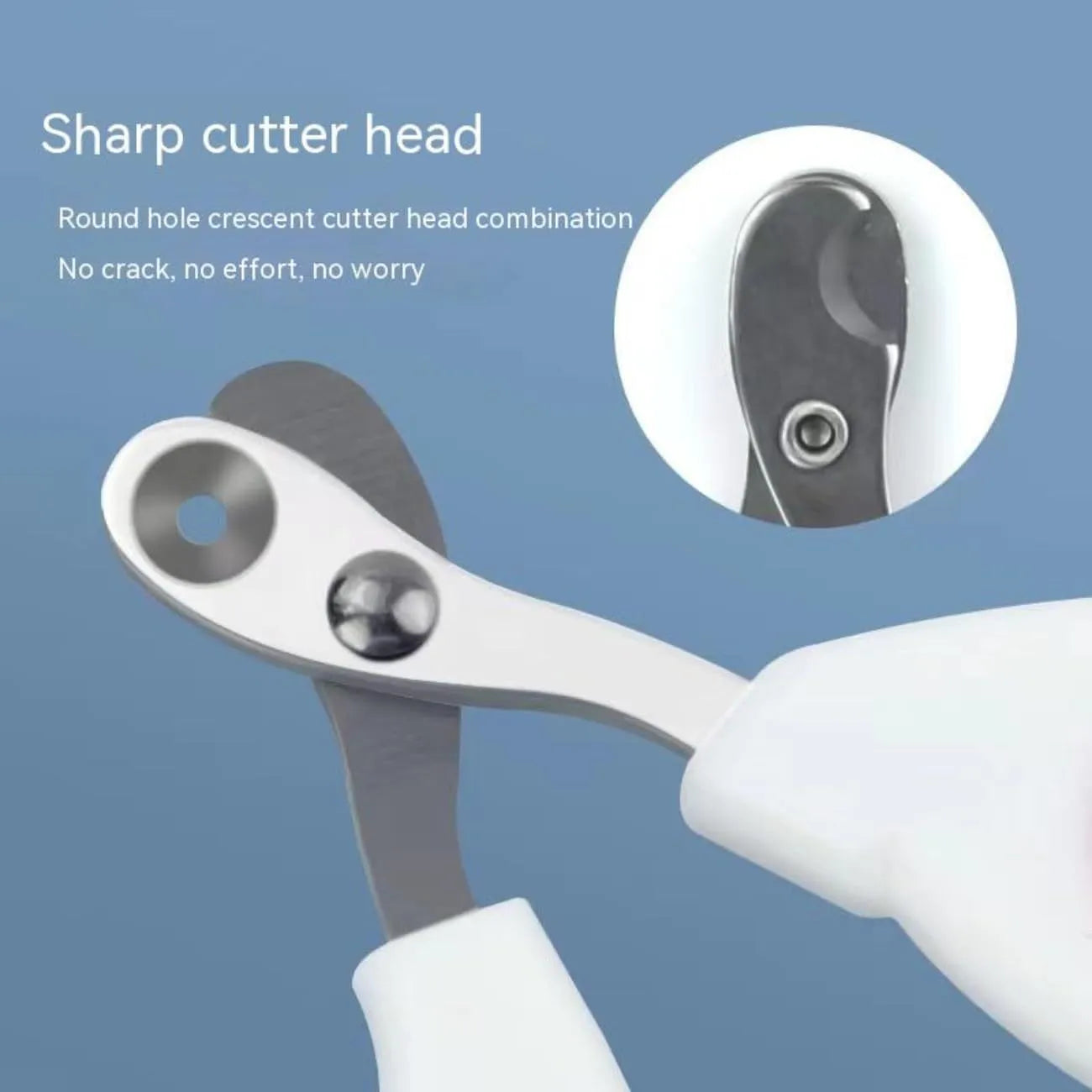 Blue pet nail clippers with a circular cutting hole and cushioned non-slip handles.