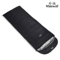 Black outdoor sleeping bag with envelope structure, filled with white goose down.