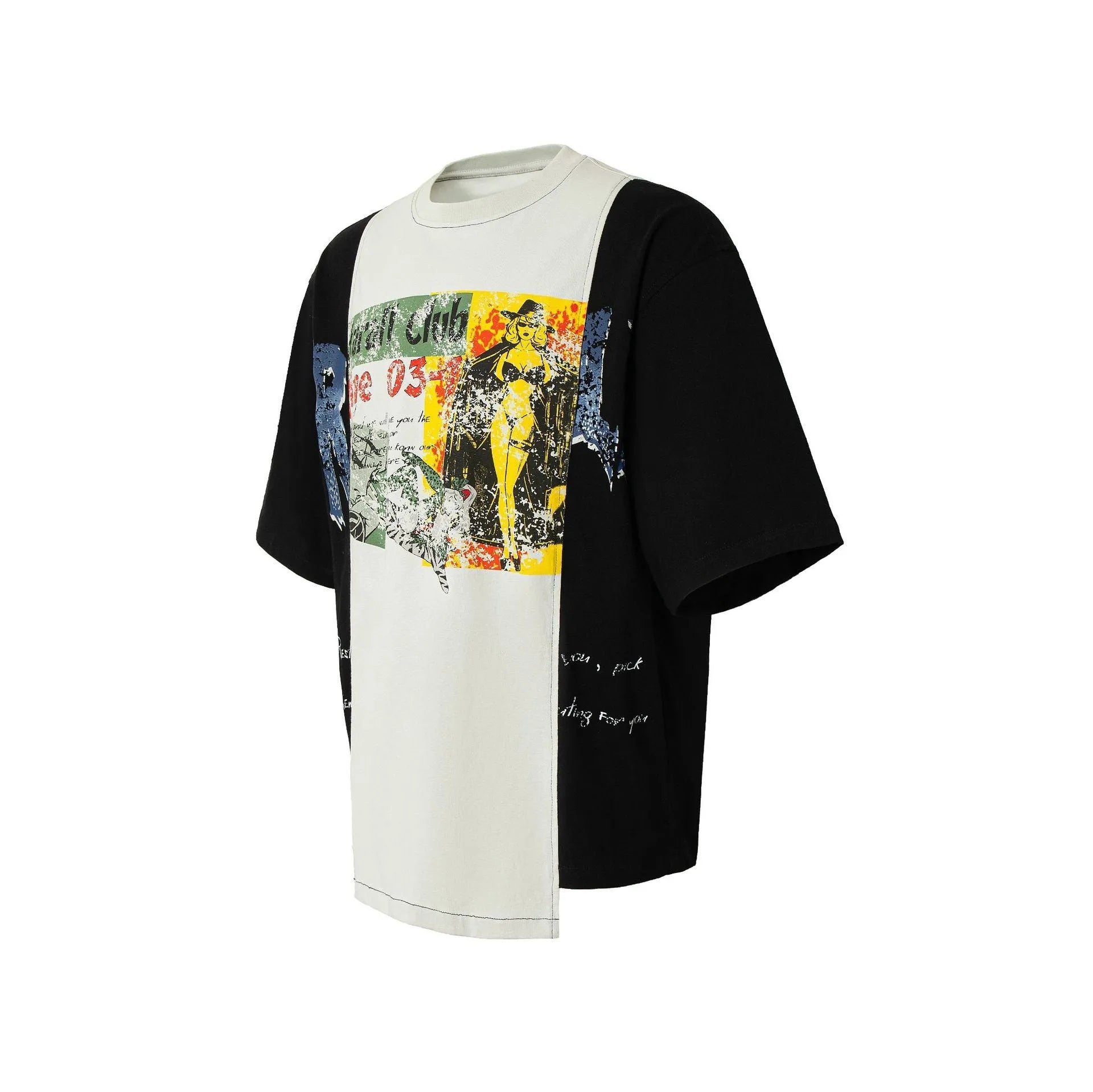 Black and white broken collage print cotton blend t-shirt with short sleeves and loose fit