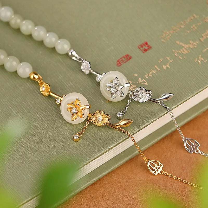 Hetian jade lotus peace buckle bracelet in 925 silver with antique retro design